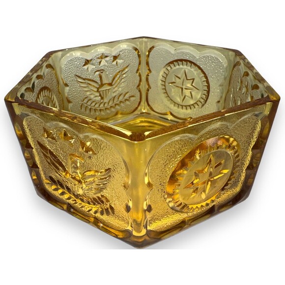 Indiana Glass Tiara Colonial Eagle & Star Hexagonal Candy Dish Amber - Picture 4 of 10